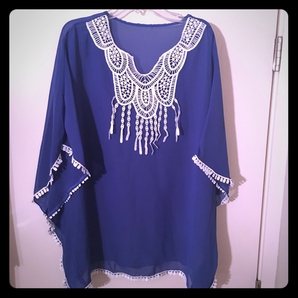 Blue sheer swimsuit coverup with fringe detail OS - Picture 1 of 2